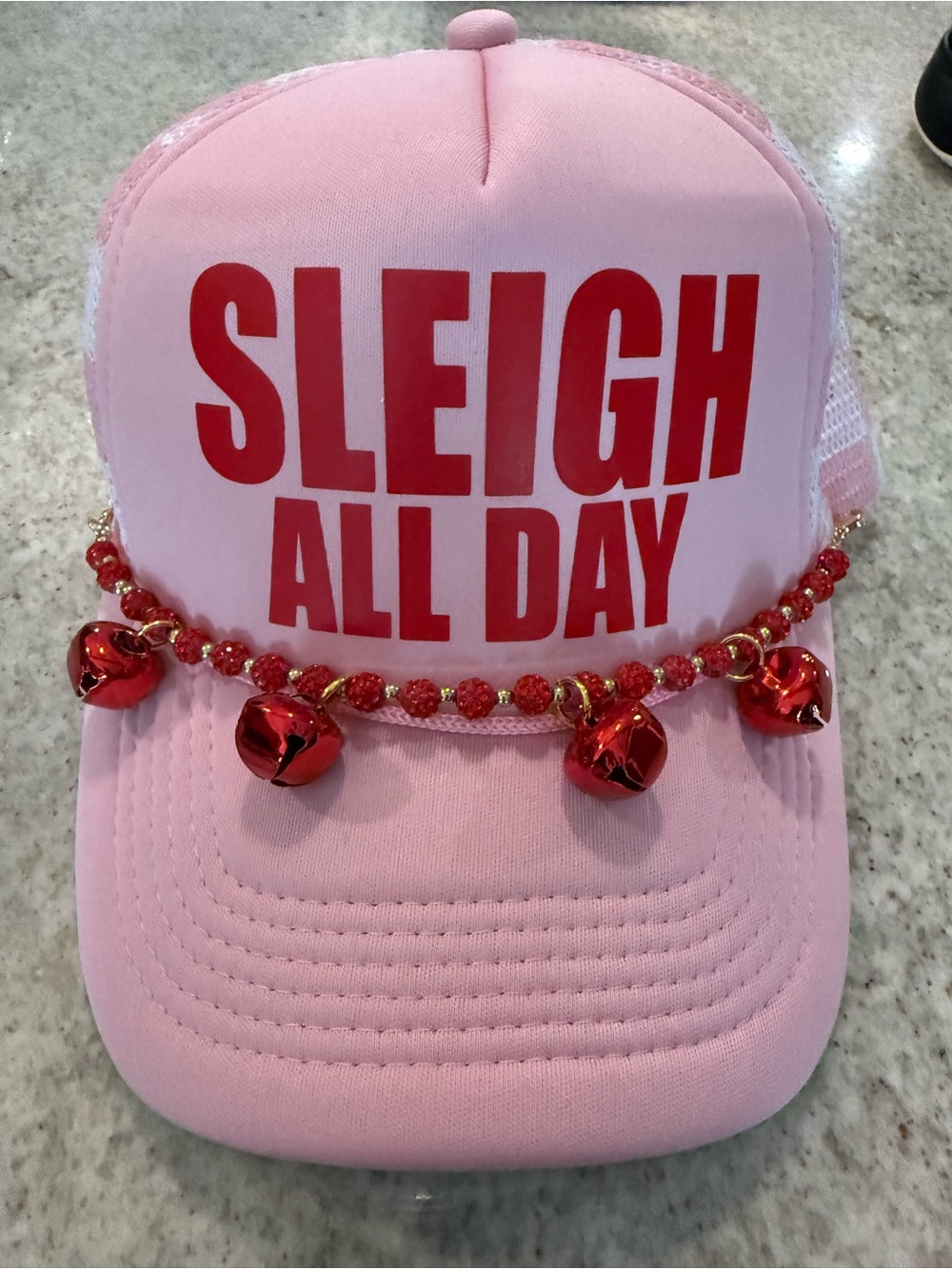 Women's Pink 'Sleigh All Day' Holiday Cap with Red Bell Trim
